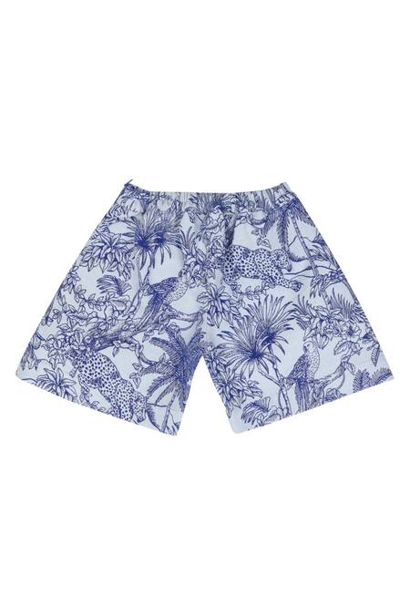Shop Stella Rossa By Les Petits Blue Jacquard Flora And Fauna Pattern Shorts at Aza Fashions Shop_Stella Rossa By Les Petits_Blue Jacquard Flora And Fauna Pattern Shorts_at_Aza_Fashions
