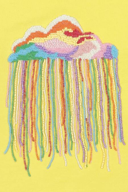 STELLA ROSSA BY LES PETITS_Yellow Terrycloth Embroidery Rainbow Cloud Pattern T-shirt_Online_at_Aza_Fashions
