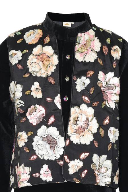 Stella Rossa By Les Petits_Black Satin, Polyester Embroidery Floral Nehru Jacket And Kurta Set _Online_at_Aza_Fashions