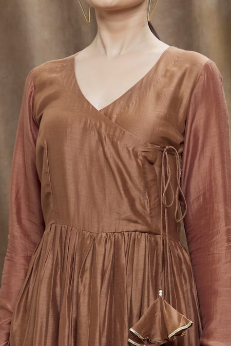 Buy_Samyukta Singhania_Brown Muslin, Maheshwari V-neck Wrap Flared Anarkali Set _Online_at_Aza_Fashions