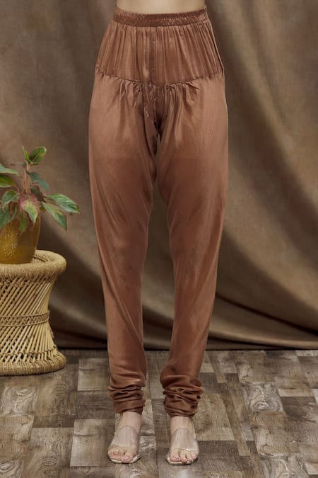 Shop_Samyukta Singhania_Brown Muslin, Maheshwari V-neck Wrap Flared Anarkali Set _Online_at_Aza_Fashions