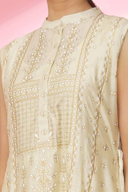 Buy_Samyukta Singhania_Cream Georgette, Rayon Sequins Round Neck Flora Print Asymmetric Kurta Pant Set _Online_at_Aza_Fashions
