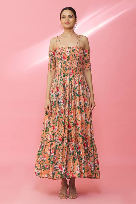 Naintara Bajaj_Peach Cotton Embroidery Off-shoulder Floral Pattern Off Dress _at_Aza_Fashions