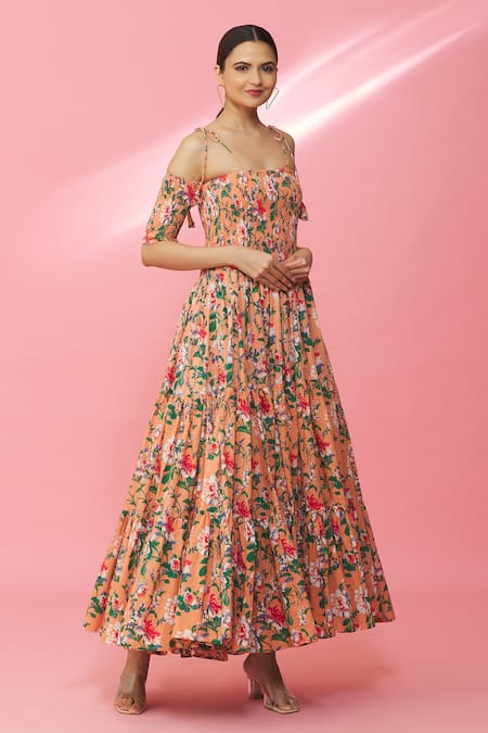 Buy_Naintara Bajaj_Peach Cotton Embroidery Off-shoulder Floral Pattern Off Dress _Online_at_Aza_Fashions
