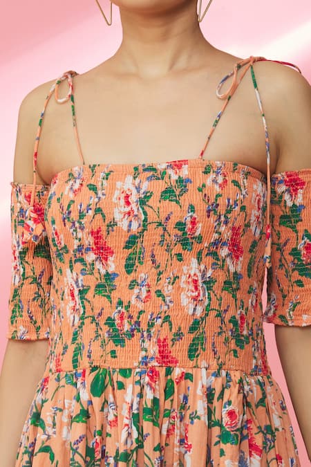 Shop_Naintara Bajaj_Peach Cotton Embroidery Off-shoulder Floral Pattern Off Dress _Online_at_Aza_Fashions