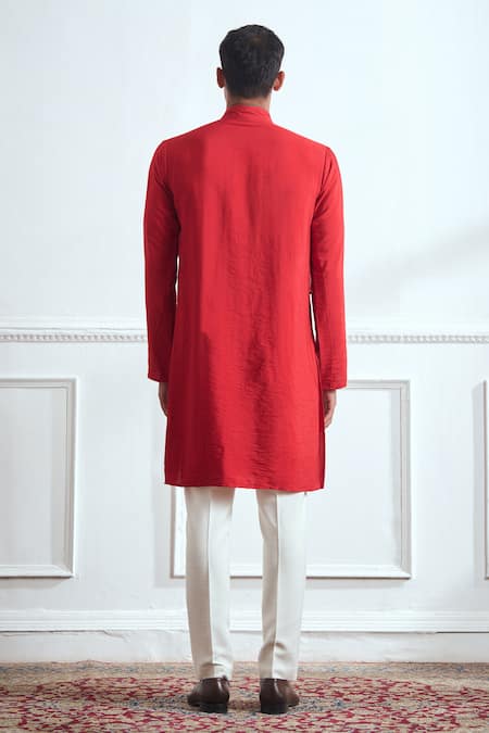 Shop_Tajiri_Red Cotton Tussar Embroidered Zari Lava Pleated Kurta With Pyjama _at_Aza_Fashions