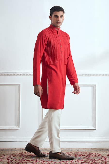 Tajiri_Red Cotton Tussar Embroidered Zari Lava Pleated Kurta With Pyjama _Online_at_Aza_Fashions