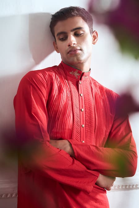Buy_Tajiri_Red Cotton Tussar Embroidered Zari Lava Pleated Kurta With Pyjama _Online_at_Aza_Fashions