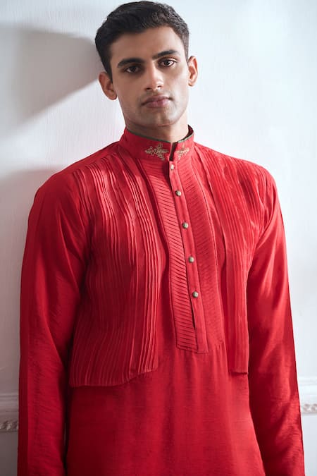 Shop_Tajiri_Red Cotton Tussar Embroidered Zari Lava Pleated Kurta With Pyjama _Online_at_Aza_Fashions