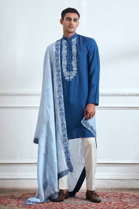 Tajiri Blue Cotton Tussar Hand Embroidered Floral Expedition Kurta Set Online at Aza Fashions Tajiri_Blue Cotton Tussar Hand Embroidered Floral Expedition Kurta Set _Online_at_Aza_Fashions