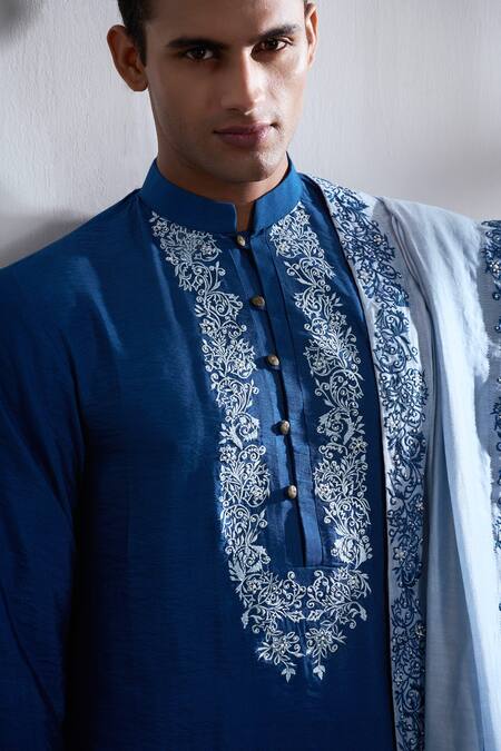 Buy Tajiri Blue Cotton Tussar Hand Embroidered Floral Expedition Kurta Set Online at Aza Fashions Buy_Tajiri_Blue Cotton Tussar Hand Embroidered Floral Expedition Kurta Set _Online_at_Aza_Fashions