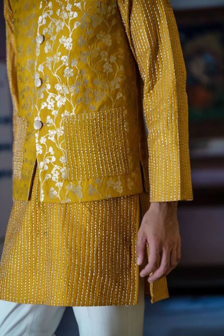 Buy Tajiri Yellow Silk Embroidered Zari Work Bundi Kurta Set Online at Aza Fashions Buy_Tajiri_Yellow Silk Embroidered Zari Work Bundi Kurta Set _Online_at_Aza_Fashions