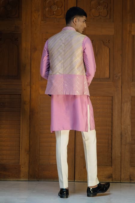 Shop_Tajiri_Pink Cotton, Silk, Brocade Sequins Bundi Kurta Set _at_Aza_Fashions