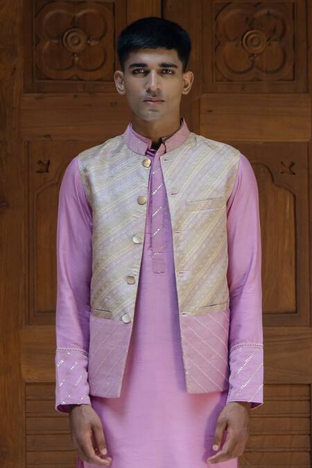 Tajiri_Pink Cotton, Silk, Brocade Sequins Bundi Kurta Set _Online_at_Aza_Fashions