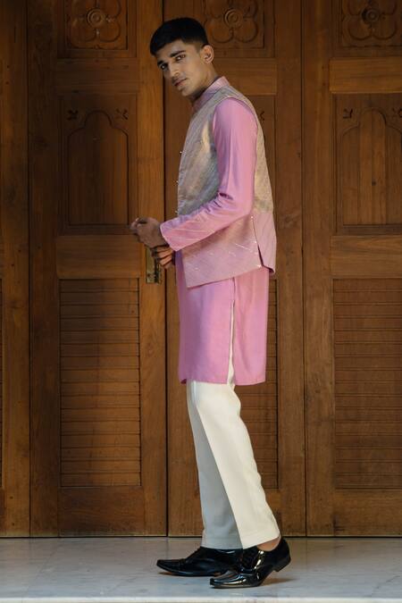 Buy_Tajiri_Pink Cotton, Silk, Brocade Sequins Bundi Kurta Set _Online_at_Aza_Fashions