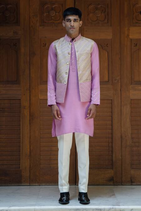 Shop_Tajiri_Pink Cotton, Silk, Brocade Sequins Bundi Kurta Set _Online_at_Aza_Fashions