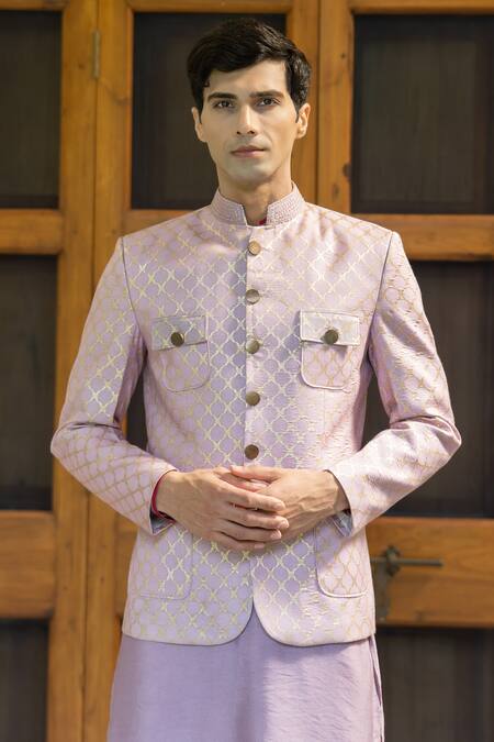 Shop_Tajiri_Pink Blazer- Linen Embroidered Jaal Valour With Kurta Set _Online_at_Aza_Fashions