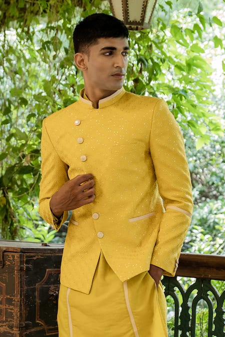 Tajiri_Yellow Cotton Silk Embroidered Geometric Array Bandhgala Kurta Set _Online_at_Aza_Fashions