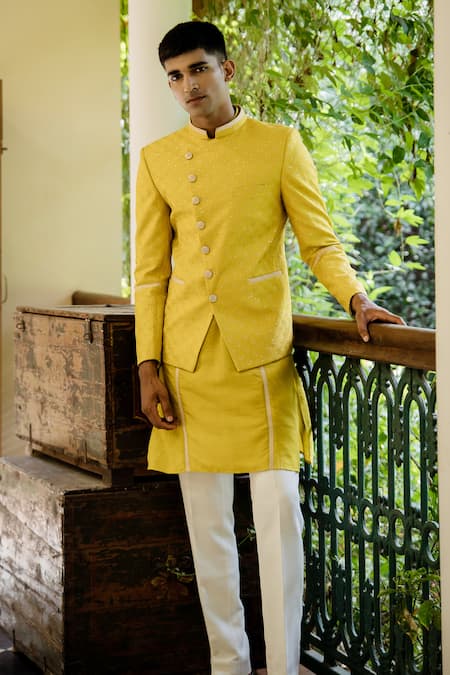 Buy_Tajiri_Yellow Cotton Silk Embroidered Geometric Array Bandhgala Kurta Set _Online_at_Aza_Fashions