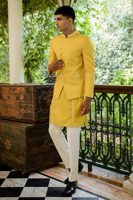 Shop_Tajiri_Yellow Cotton Silk Embroidered Geometric Array Bandhgala Kurta Set _Online_at_Aza_Fashions