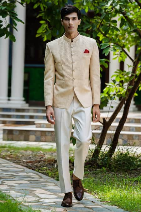 Buy Tajiri Beige Linen Embroidered Floral Opulence Bandhgala Blazer Set Online at Aza Fashions Buy_Tajiri_Beige Linen Embroidered Floral Opulence Bandhgala Blazer Set _Online_at_Aza_Fashions