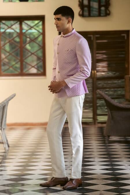 Tajiri_Pink Linen Printed Luxe Bandhgala _Online_at_Aza_Fashions