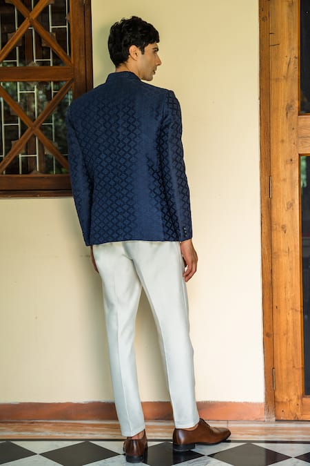Shop_Tajiri_Blue Linen Self Embossed Geometric Amadeus Bandhgala Set _at_Aza_Fashions