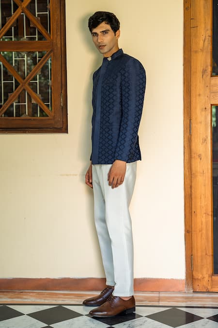 Buy_Tajiri_Blue Linen Self Embossed Geometric Amadeus Bandhgala Set _Online_at_Aza_Fashions