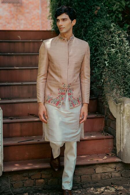 Tajiri Beige Raw Silk Embroidered Floral Nazakat Bandhgala And Kurta Set Online at Aza Fashions Tajiri_Beige Raw Silk Embroidered Floral Nazakat Bandhgala And Kurta Set _Online_at_Aza_Fashions