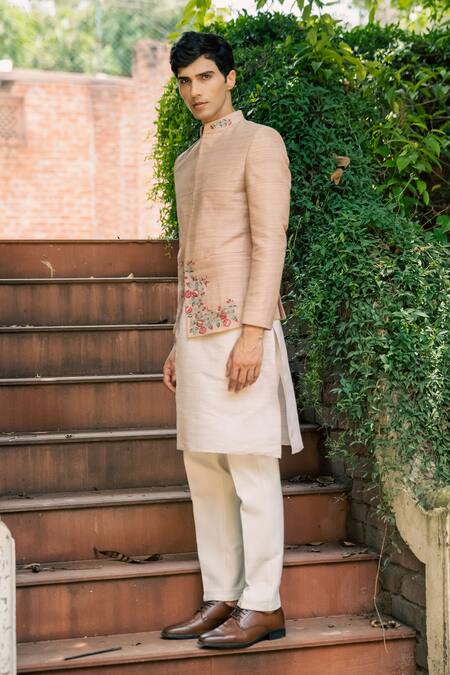 Buy Tajiri Beige Raw Silk Embroidered Floral Nazakat Bandhgala And Kurta Set Online at Aza Fashions Buy_Tajiri_Beige Raw Silk Embroidered Floral Nazakat Bandhgala And Kurta Set _Online_at_Aza_Fashions