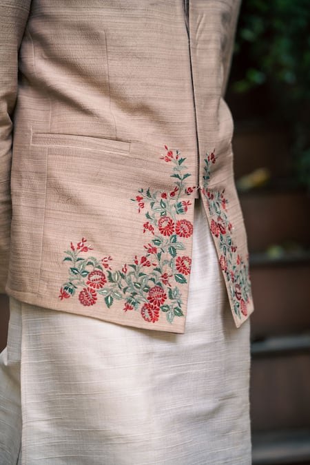 Shop Tajiri Beige Raw Silk Embroidered Floral Nazakat Bandhgala And Kurta Set Online at Aza Fashions Shop_Tajiri_Beige Raw Silk Embroidered Floral Nazakat Bandhgala And Kurta Set _Online_at_Aza_Fashions