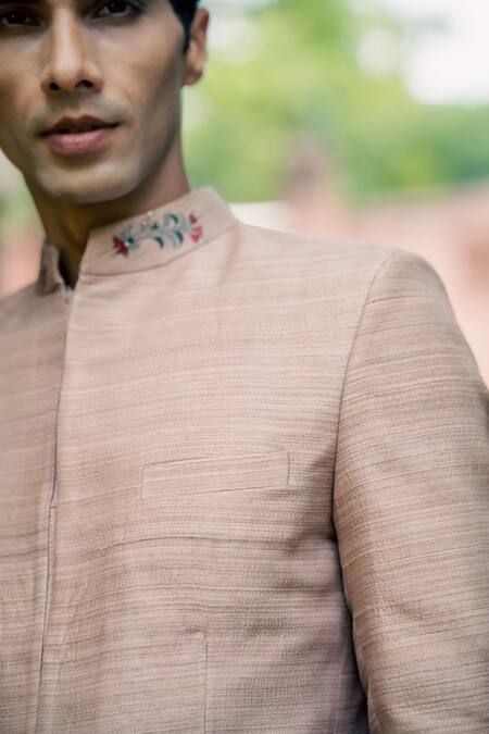 Tajiri Beige Raw Silk Embroidered Floral Nazakat Bandhgala And Kurta Set at Aza Fashions Tajiri_Beige Raw Silk Embroidered Floral Nazakat Bandhgala And Kurta Set _at_Aza_Fashions