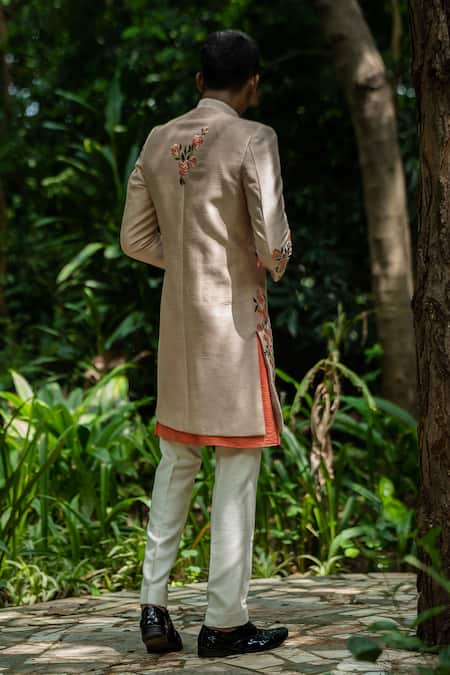 Shop Tajiri Beige Jacket Raw Silk Embroidered Floral Klas Kurta Set at Aza Fashions Shop_Tajiri_Beige Jacket Raw Silk Embroidered Floral Klas Kurta Set _at_Aza_Fashions