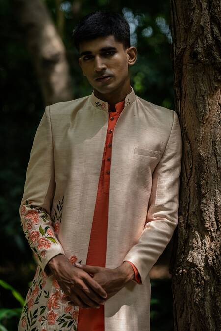 Shop Tajiri Beige Jacket Raw Silk Embroidered Floral Klas Kurta Set Online at Aza Fashions Shop_Tajiri_Beige Jacket Raw Silk Embroidered Floral Klas Kurta Set _Online_at_Aza_Fashions