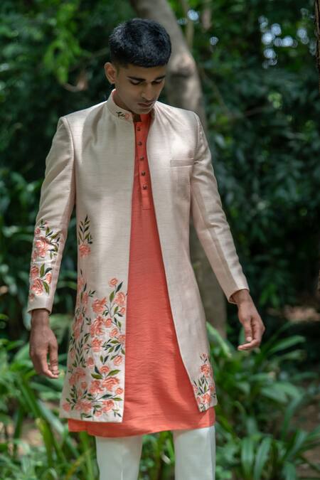 Buy Tajiri Beige Jacket Raw Silk Embroidered Floral Klas Kurta Set Buy_Tajiri_Beige Jacket Raw Silk Embroidered Floral Klas Kurta Set