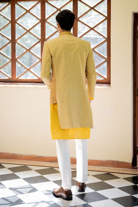 Shop Tajiri Yellow Cotton Silk Embroidered Geometric Konark Jacket Kurta Set at Aza Fashions Shop_Tajiri_Yellow Cotton Silk Embroidered Geometric Konark Jacket Kurta Set _at_Aza_Fashions
