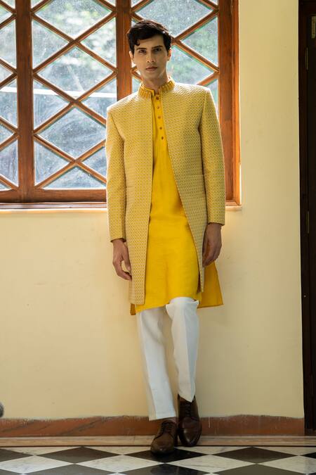 Tajiri Yellow Cotton Silk Embroidered Geometric Konark Jacket Kurta Set Online at Aza Fashions Tajiri_Yellow Cotton Silk Embroidered Geometric Konark Jacket Kurta Set _Online_at_Aza_Fashions
