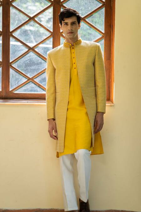 Buy Tajiri Yellow Cotton Silk Embroidered Geometric Konark Jacket Kurta Set Online at Aza Fashions Buy_Tajiri_Yellow Cotton Silk Embroidered Geometric Konark Jacket Kurta Set _Online_at_Aza_Fashions
