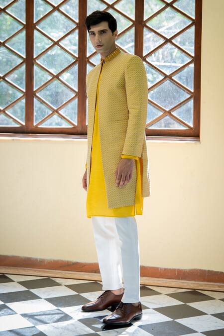 Shop Tajiri Yellow Cotton Silk Embroidered Geometric Konark Jacket Kurta Set Online at Aza Fashions Shop_Tajiri_Yellow Cotton Silk Embroidered Geometric Konark Jacket Kurta Set _Online_at_Aza_Fashions