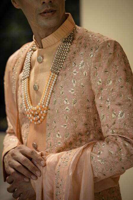 Buy Tajiri Peach Cotton Silk Hand Embroidered Floral Maheen Sherwani Set Online at Aza Fashions Buy_Tajiri_Peach Cotton Silk Hand Embroidered Floral Maheen Sherwani Set _Online_at_Aza_Fashions