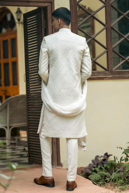 Shop Tajiri White Cotton Silk Hand Embroidered Pearl Work Sherwani Set at Aza Fashions Shop_Tajiri_White Cotton Silk Hand Embroidered Pearl Work Sherwani Set _at_Aza_Fashions