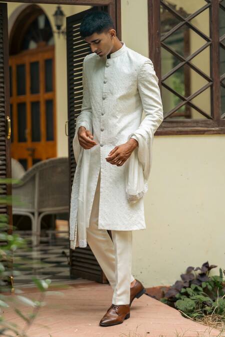 Tajiri White Cotton Silk Hand Embroidered Pearl Work Sherwani Set Online at Aza Fashions Tajiri_White Cotton Silk Hand Embroidered Pearl Work Sherwani Set _Online_at_Aza_Fashions