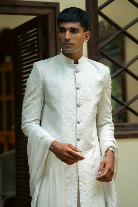 Buy Tajiri White Cotton Silk Hand Embroidered Pearl Work Sherwani Set Online at Aza Fashions Buy_Tajiri_White Cotton Silk Hand Embroidered Pearl Work Sherwani Set _Online_at_Aza_Fashions