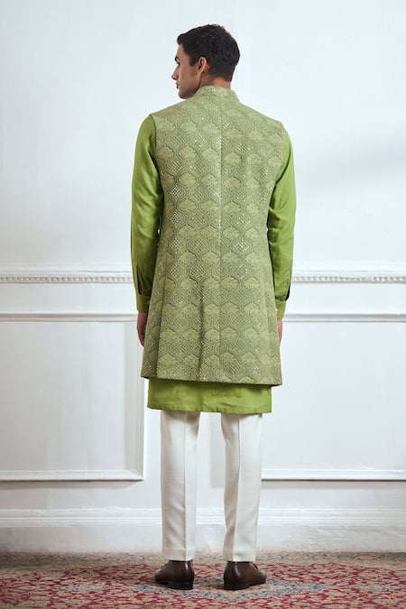 Shop Tajiri Green Cotton, Tussar Embroidery, Sequins Bundi Kurta Set at Aza Fashions Shop_Tajiri_Green Cotton, Tussar Embroidery, Sequins Bundi Kurta Set _at_Aza_Fashions