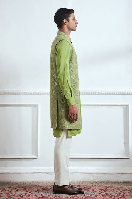 Tajiri Green Cotton, Tussar Embroidery, Sequins Bundi Kurta Set Online at Aza Fashions Tajiri_Green Cotton, Tussar Embroidery, Sequins Bundi Kurta Set _Online_at_Aza_Fashions