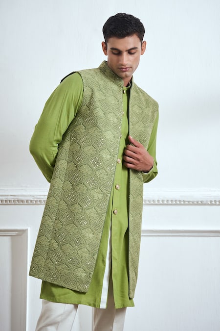 Buy Tajiri Green Cotton, Tussar Embroidery, Sequins Bundi Kurta Set Online at Aza Fashions Buy_Tajiri_Green Cotton, Tussar Embroidery, Sequins Bundi Kurta Set _Online_at_Aza_Fashions