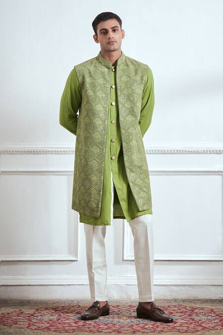 Shop Tajiri Green Cotton, Tussar Embroidery, Sequins Bundi Kurta Set Online at Aza Fashions Shop_Tajiri_Green Cotton, Tussar Embroidery, Sequins Bundi Kurta Set _Online_at_Aza_Fashions