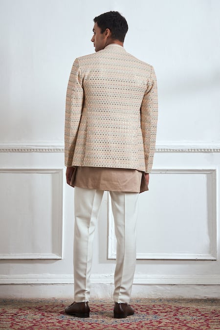 Shop Tajiri Beige Cotton Tussar Embroidered Mirror Reflections Bandhgala And Kurta Set at Aza Fashions Shop_Tajiri_Beige Cotton Tussar Embroidered Mirror Reflections Bandhgala And Kurta Set _at_Aza_Fashions