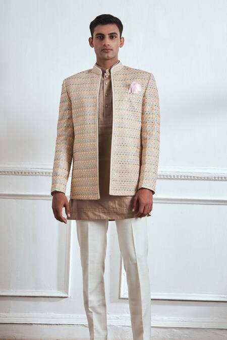 Tajiri Beige Cotton Tussar Embroidered Mirror Reflections Bandhgala And Kurta Set Online at Aza Fashions Tajiri_Beige Cotton Tussar Embroidered Mirror Reflections Bandhgala And Kurta Set _Online_at_Aza_Fashions