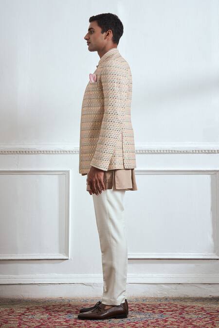 Buy Tajiri Beige Cotton Tussar Embroidered Mirror Reflections Bandhgala And Kurta Set Online at Aza Fashions Buy_Tajiri_Beige Cotton Tussar Embroidered Mirror Reflections Bandhgala And Kurta Set _Online_at_Aza_Fashions